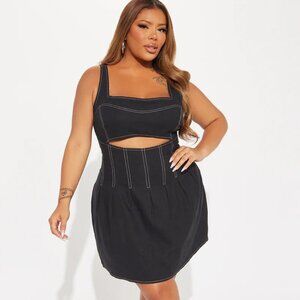 Linen Mini A Line Dress with white stitching